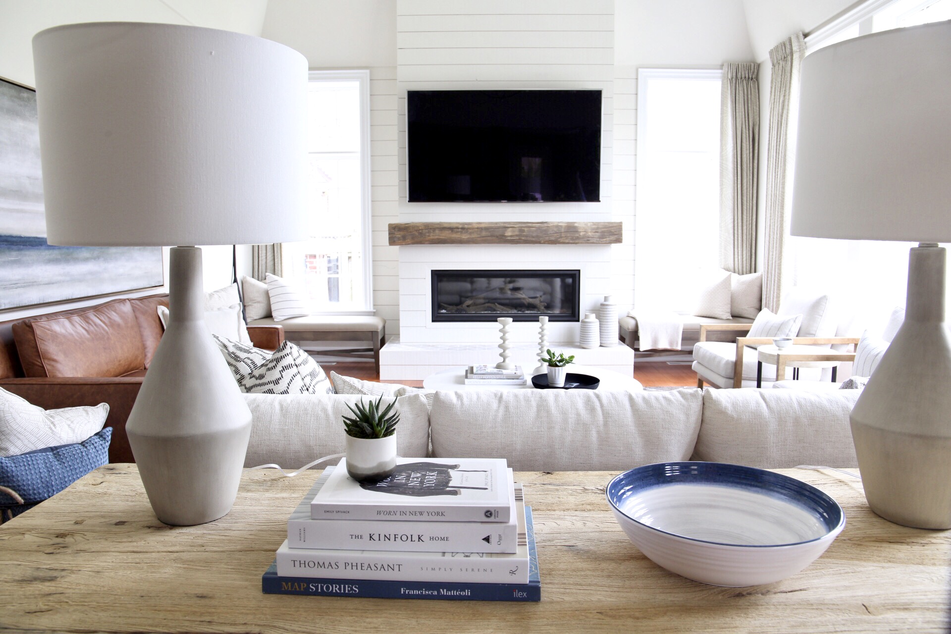 Harper Designs Bright Transitional Family Room with Shiplap Fireplace